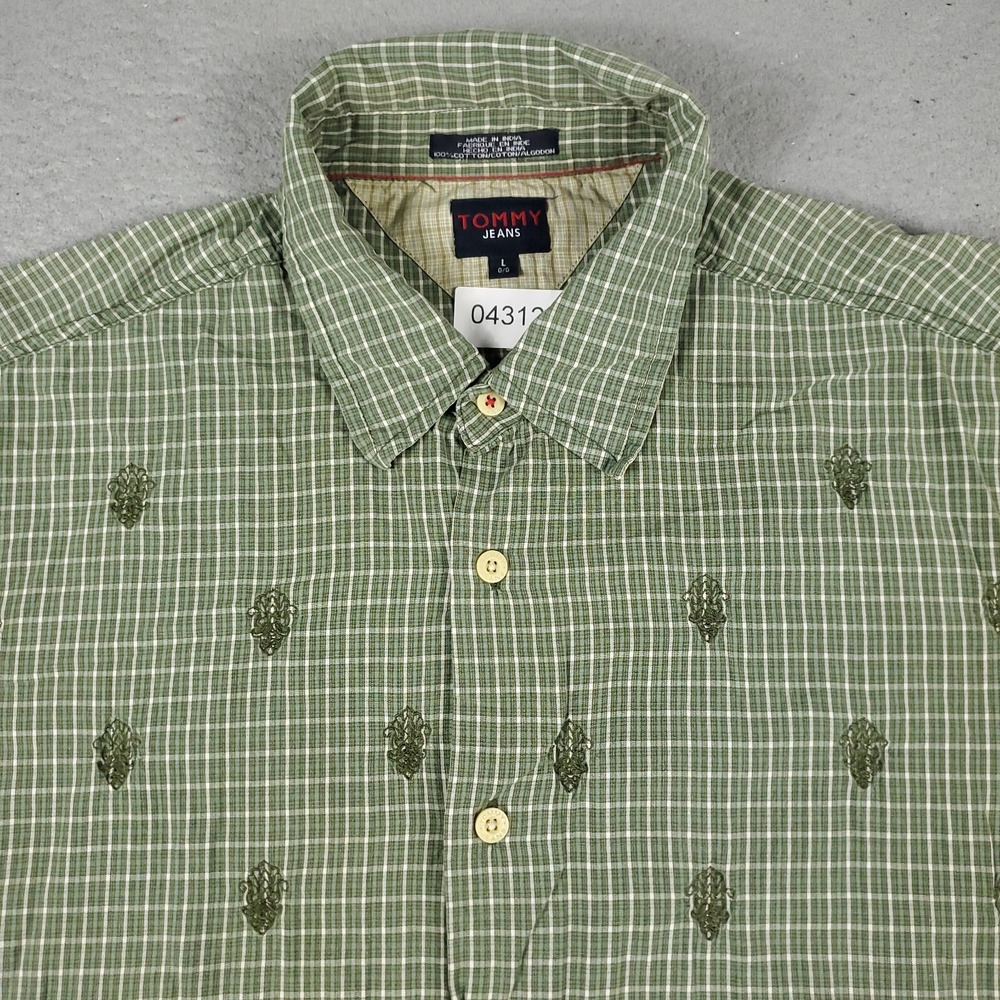 Tommy Hilfiger Jeans Mens Large Green Plaid Button Up Short Sleeve Shirt 043123